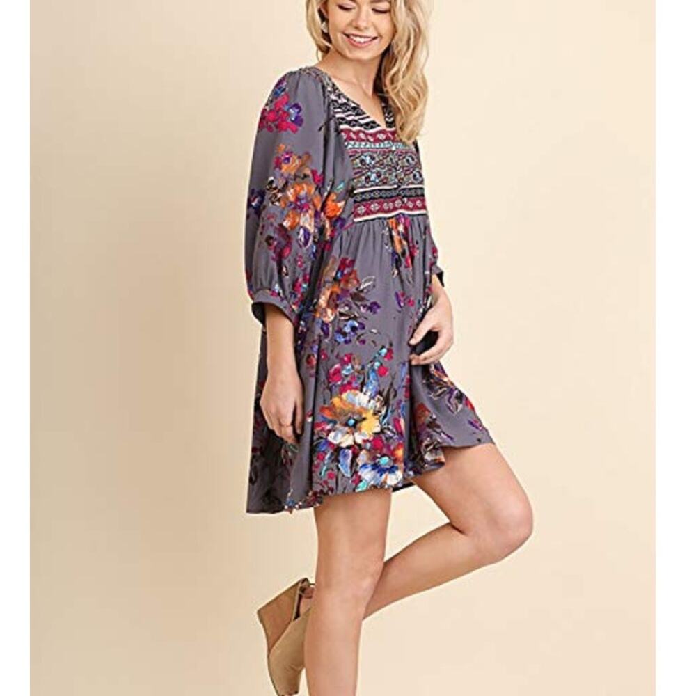 Umgee Babydoll Tunic Dress Floral Peasant Purple Garden Boho Indie Featival